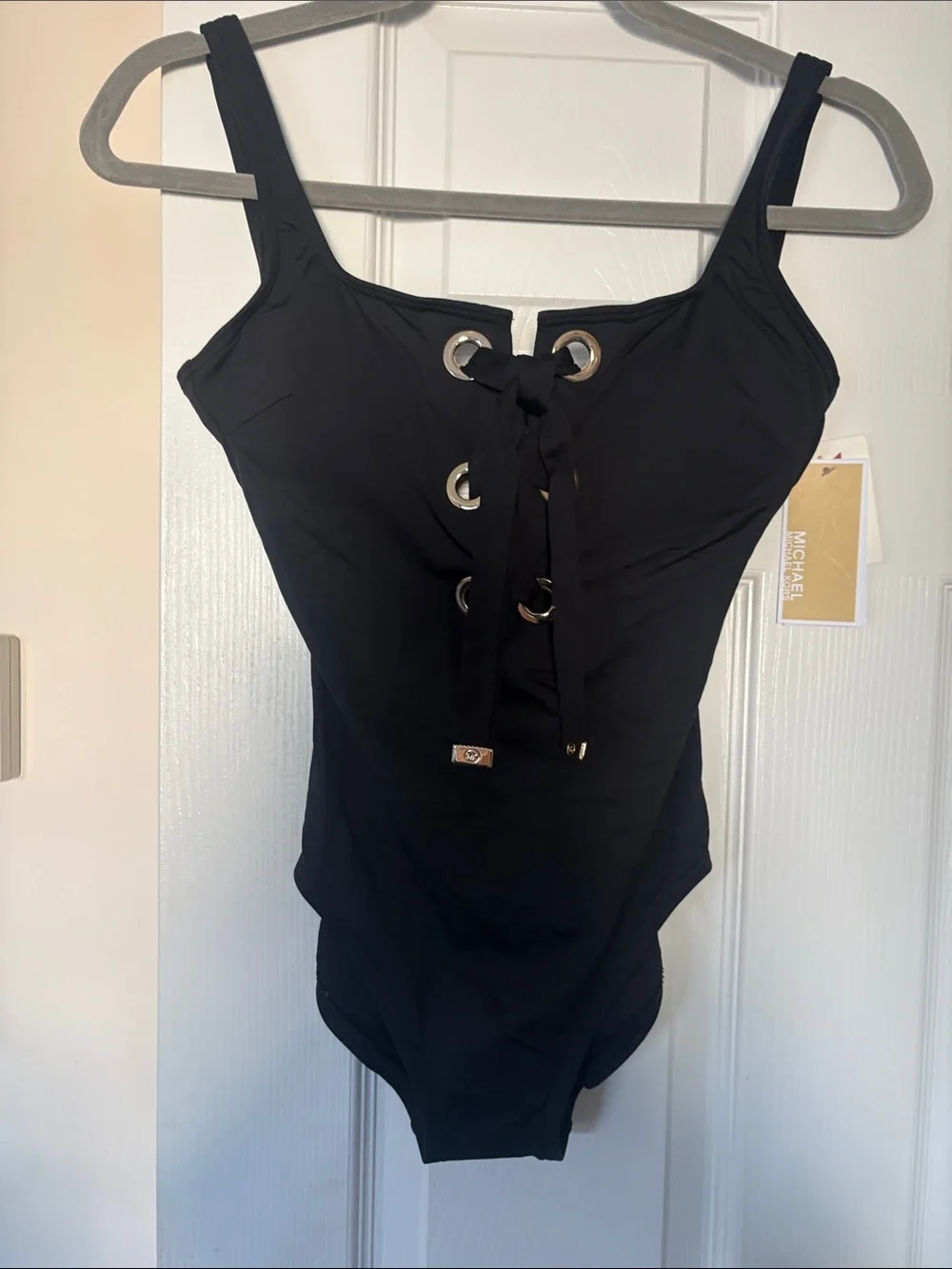 michael michael kors black lace-up one piece swimsuit size 6 nwt